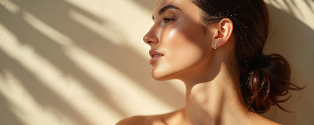 Side-profile portrait of a woman with glowing skin in warm sunlight
