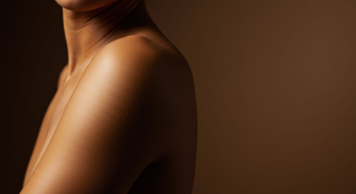 Close-up of a bare shoulder and neck with smooth skin against a dark background