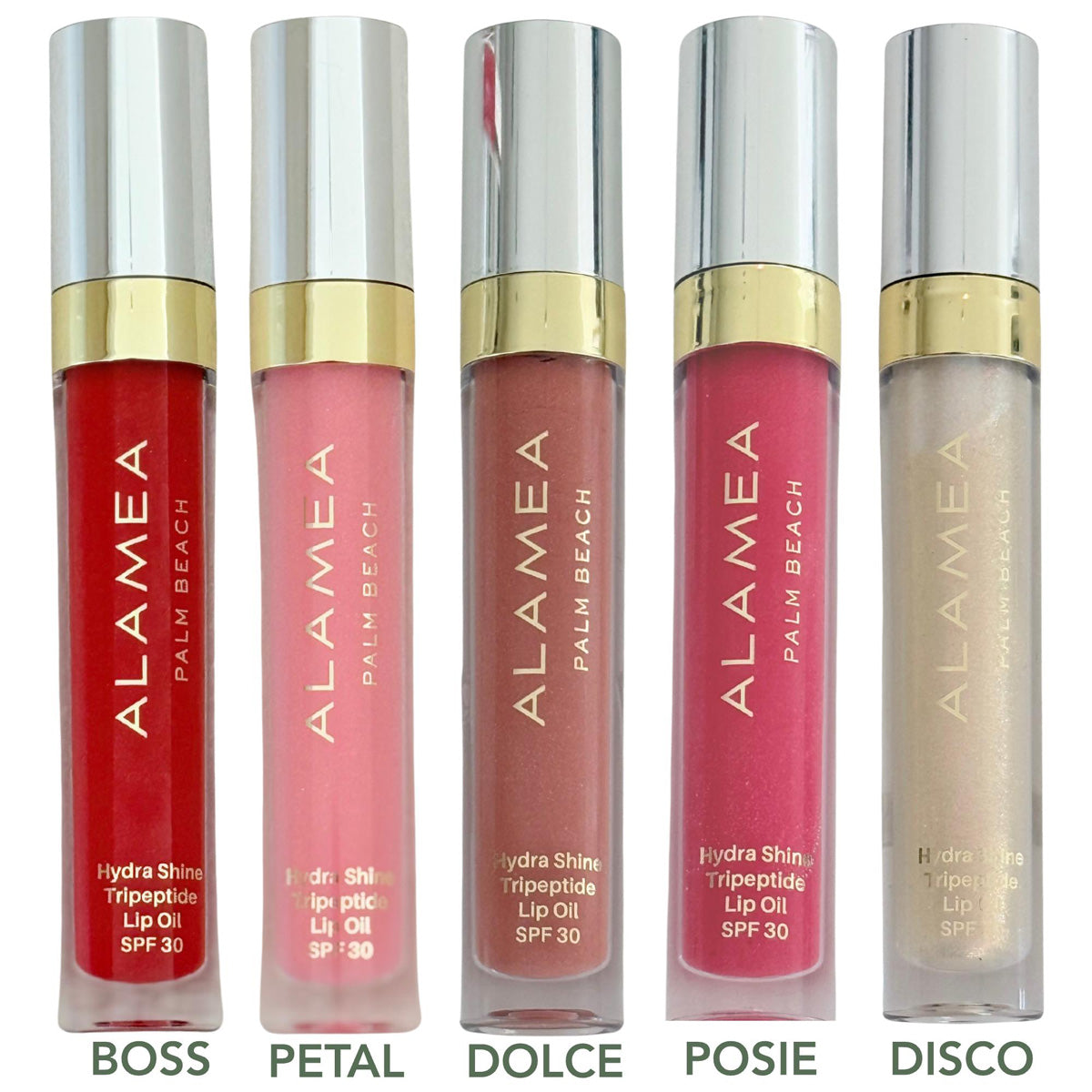 Alamea Palm Beach Hydra Shine Tripeptide Lip Oil SPF 30 shade options